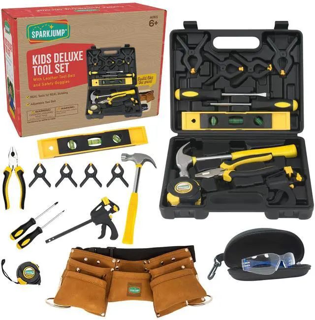 Main image of Deluxe Kids Tool Set, Real Tools with Leather Tool Belt & Tool Box, Beginner Tool Kit for Boys & Girls Ages 4-6 & Up, Brown Ultimate Tool Set