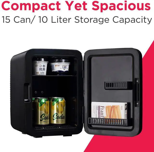 Alt view image 2 of 7 - Mini Personal Fridge Cooler, Countertop, Holds Up to 10L/15 Cans, Brushed Black Stainless Rugged Design, Portable for Skincare, Makeup, Car, Office, Bedroom, Dorm Room, or Cabin