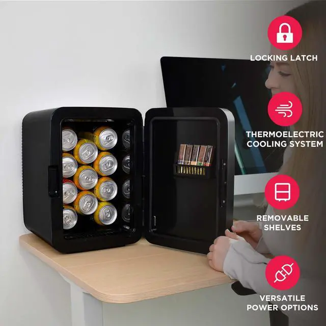 Alt view image 3 of 7 - Mini Personal Fridge Cooler, Countertop, Holds Up to 10L/15 Cans, Brushed Black Stainless Rugged Design, Portable for Skincare, Makeup, Car, Office, Bedroom, Dorm Room, or Cabin