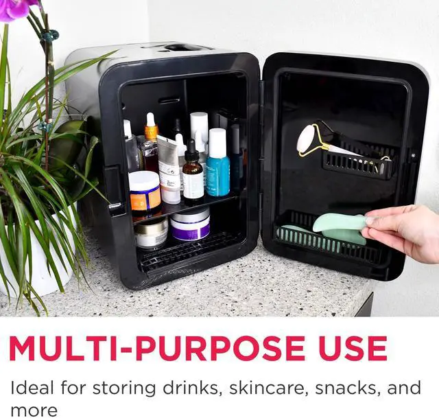 Alt view image 4 of 7 - Mini Personal Fridge Cooler, Countertop, Holds Up to 10L/15 Cans, Brushed Black Stainless Rugged Design, Portable for Skincare, Makeup, Car, Office, Bedroom, Dorm Room, or Cabin