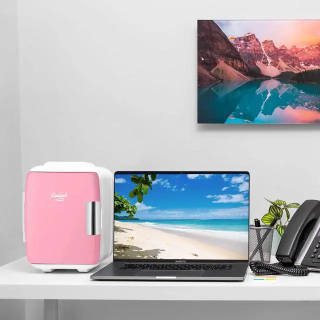 Alt view image 4 of 7 - Mini Fridge for Bedroom - Car, Office Desk & Dorm Room - Portable 4L/6 Can Electric Plug In Cooler & Warmer for Food, Drinks, Skincare Beauty & Makeup - 12v AC/DC & Exclusive USB Option, Pink