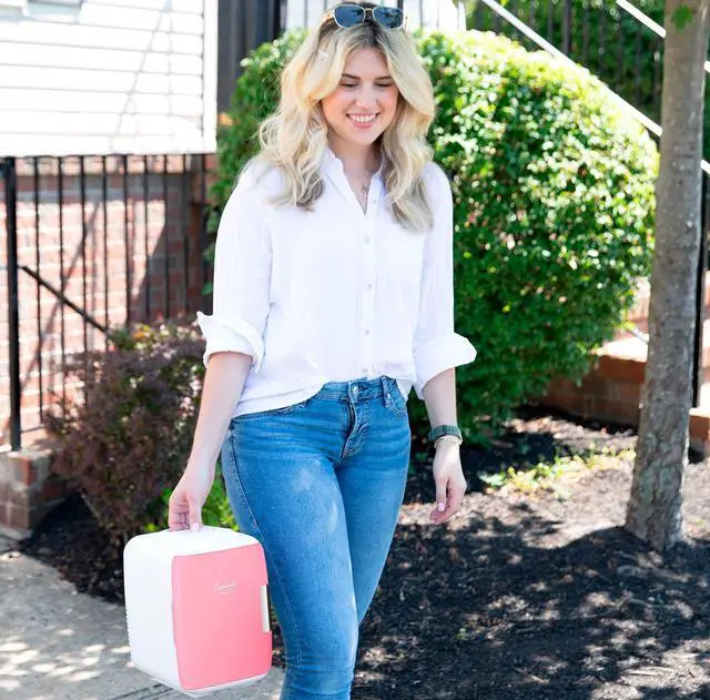 Alt view image 6 of 7 - Mini Fridge for Bedroom - Car, Office Desk & Dorm Room - Portable 4L/6 Can Electric Plug In Cooler & Warmer for Food, Drinks, Skincare Beauty & Makeup - 12v AC/DC & Exclusive USB Option, Pink