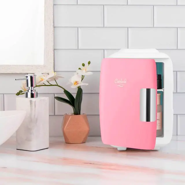 Alt view image 7 of 7 - Mini Fridge for Bedroom - Car, Office Desk & Dorm Room - Portable 4L/6 Can Electric Plug In Cooler & Warmer for Food, Drinks, Skincare Beauty & Makeup - 12v AC/DC & Exclusive USB Option, Pink