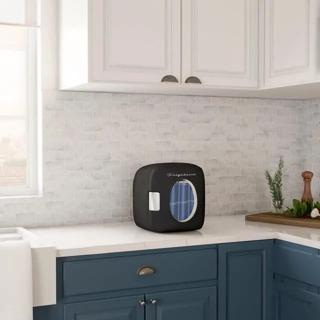 Alt view image 2 of 7 - Retro Mini Personal Fridge Cooler, Holds 9L or 12 Cans, Portable for Car, Office, Bedroom, Dorm Room, or Cabin, Features Plugs for Home Outlet & 12V Car Charger - 10"D x 7"W x 10.5"H,Black