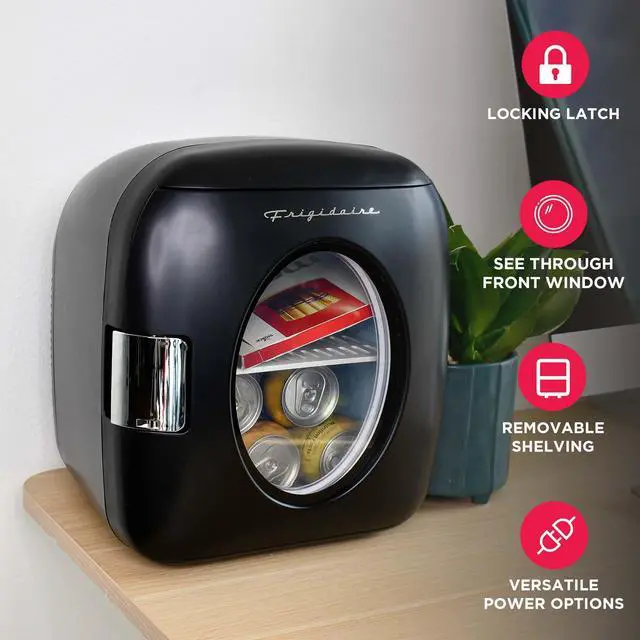 Alt view image 4 of 7 - Retro Mini Personal Fridge Cooler, Holds 9L or 12 Cans, Portable for Car, Office, Bedroom, Dorm Room, or Cabin, Features Plugs for Home Outlet & 12V Car Charger - 10"D x 7"W x 10.5"H,Black