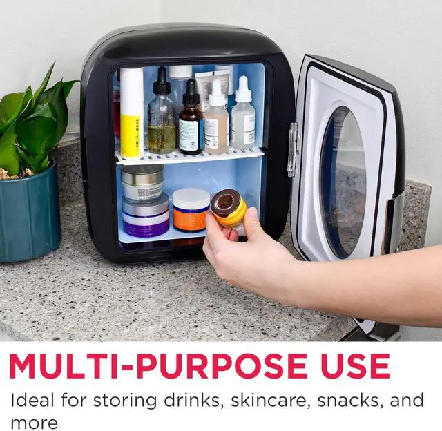 Alt view image 5 of 7 - Retro Mini Personal Fridge Cooler, Holds 9L or 12 Cans, Portable for Car, Office, Bedroom, Dorm Room, or Cabin, Features Plugs for Home Outlet & 12V Car Charger - 10"D x 7"W x 10.5"H,Black