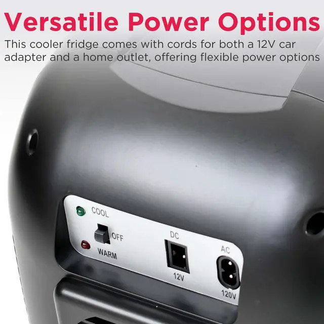 Alt view image 7 of 7 - Retro Mini Personal Fridge Cooler, Holds 9L or 12 Cans, Portable for Car, Office, Bedroom, Dorm Room, or Cabin, Features Plugs for Home Outlet & 12V Car Charger - 10"D x 7"W x 10.5"H,Black