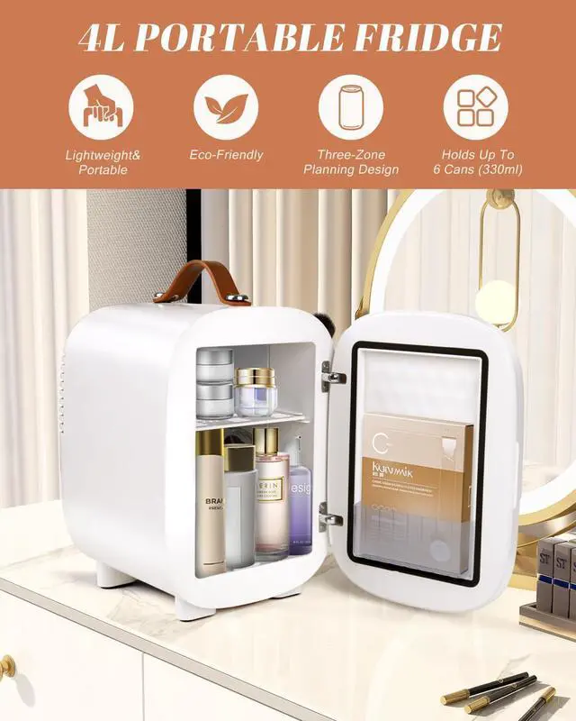 Alt view image 2 of 7 - Mini Fridge for Bedroom, 4 Liter/6 Can Skincare Fridge With LED Mirror,12v AC/DC Cooler & Warmer Portable Small Refrigerator for Drinks, Makeup, Dorm, Office and Car(White)