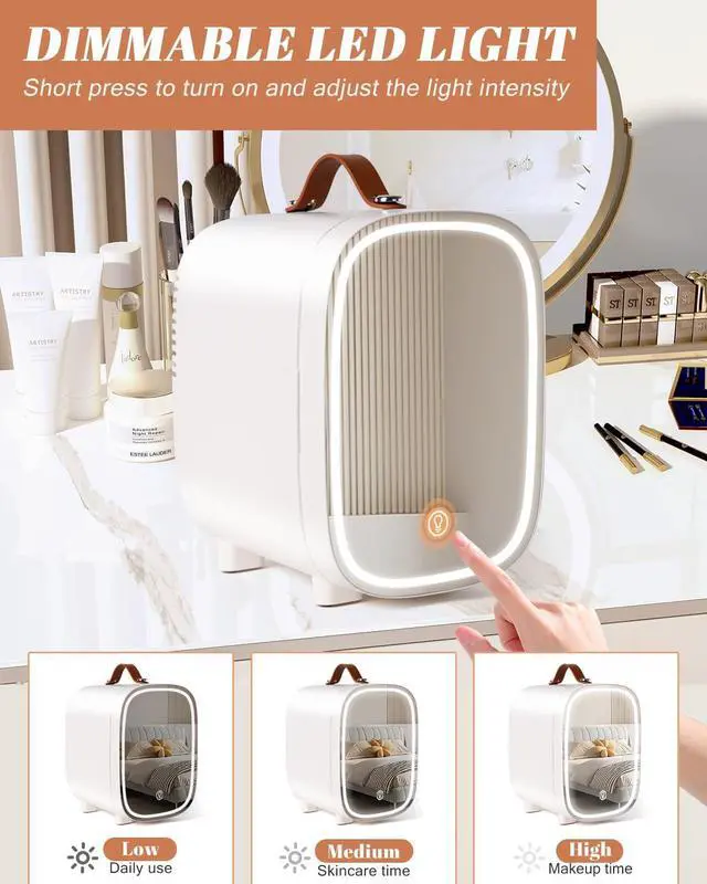 Alt view image 3 of 7 - Mini Fridge for Bedroom, 4 Liter/6 Can Skincare Fridge With LED Mirror,12v AC/DC Cooler & Warmer Portable Small Refrigerator for Drinks, Makeup, Dorm, Office and Car(White)