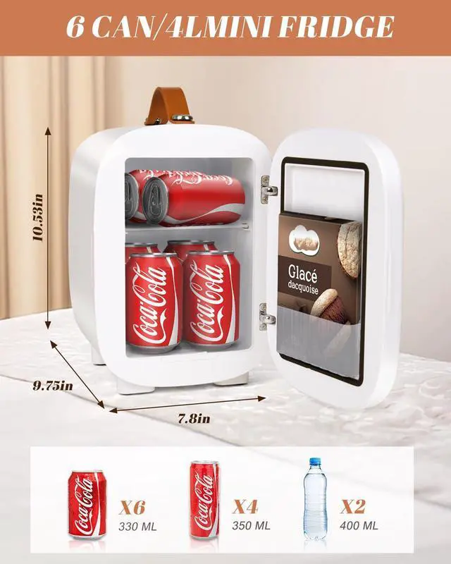 Alt view image 7 of 7 - Mini Fridge for Bedroom, 4 Liter/6 Can Skincare Fridge With LED Mirror,12v AC/DC Cooler & Warmer Portable Small Refrigerator for Drinks, Makeup, Dorm, Office and Car(White)