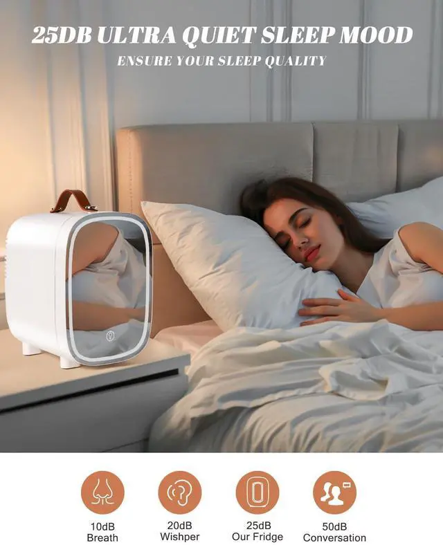 Alt view image 6 of 7 - Mini Fridge for Bedroom, 4 Liter/6 Can Skincare Fridge With LED Mirror,12v AC/DC Cooler & Warmer Portable Small Refrigerator for Drinks, Makeup, Dorm, Office and Car(White)