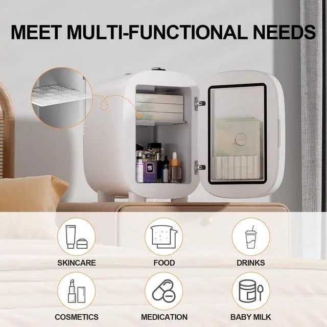 Alt view image 5 of 7 - DF01A Skincare Fridge, With 3-Level Dimmable LED Light Mirror, Low Noise 4L Makeup Fridge for Skincare, Cooler & Warmer, Portable Design for Multiple Uses - Bedroom, Office, and Car