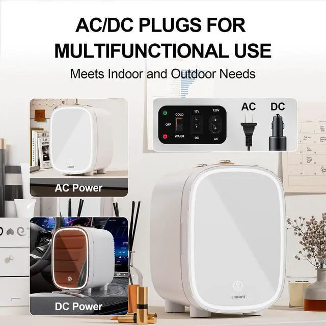 Alt view image 7 of 7 - DF01A Skincare Fridge, With 3-Level Dimmable LED Light Mirror, Low Noise 4L Makeup Fridge for Skincare, Cooler & Warmer, Portable Design for Multiple Uses - Bedroom, Office, and Car