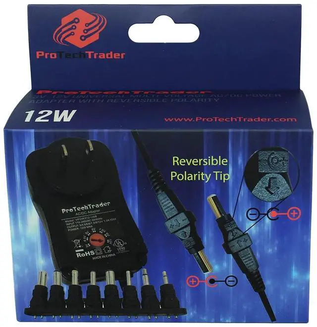 Main image of 3vdc -12 volt Universal AC/DC Power Adapter USB Port | 8 Reversible Polarity Positive or Negative Tips Center Tip 3v 4.5v 5v 6v 7.5v 9v 12v 1a 12w Transformer 5.5mm 2.5mm 2.1mm 3.5mm 4.0mm 5.0mm 1.7mm