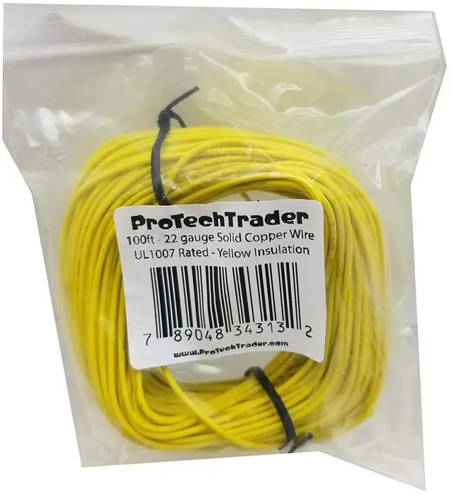 Main image of 100ft 22AWG - Solid Copper Wire Yellow PVC Insulation UL1007 Rated 300V 80 - Electronics Hookup Wire Tinned - Bagged