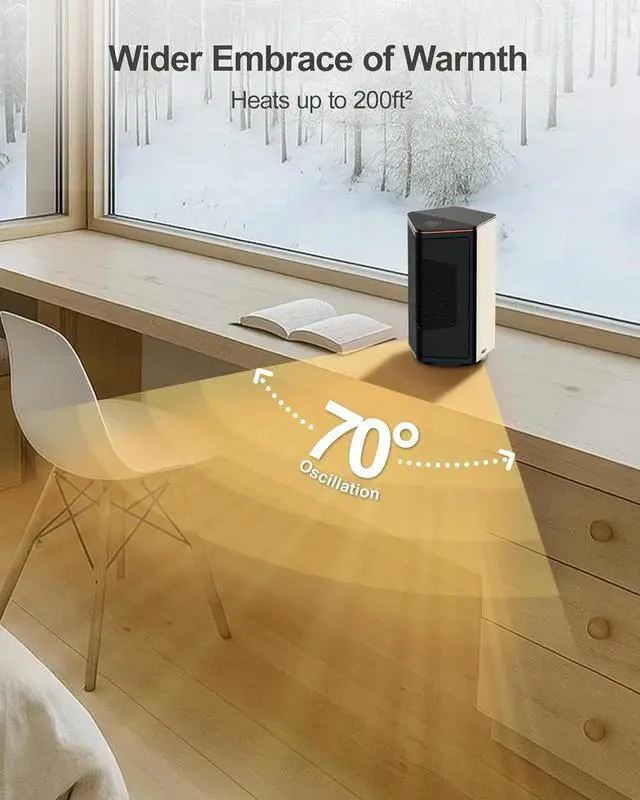 Alt view image 3 of 7 - Portable Electric Heater with Thermostat - 1500W Space Heater for Indoor Use, 70° Oscillation, 5 Modes, 12H Timer, Quiet Small Heater for Office Bedroom Desk