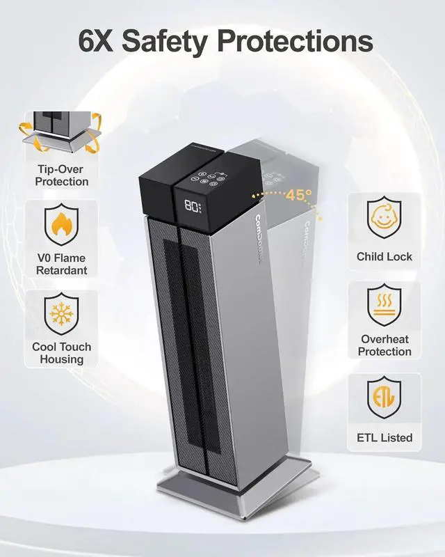 Alt view image 6 of 7 - Electric Heater for Indoor Use, 25'' Space Heater 1500W Graphene Tower Heater with 3 Heat Levels, 3 Modes, 120° Oscillation & Safety Protections, 12H Timer, Silver