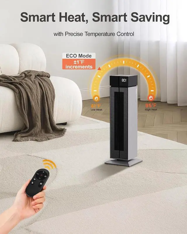 Alt view image 7 of 7 - Electric Heater for Indoor Use, 25'' Space Heater 1500W Graphene Tower Heater with 3 Heat Levels, 3 Modes, 120° Oscillation & Safety Protections, 12H Timer, Silver