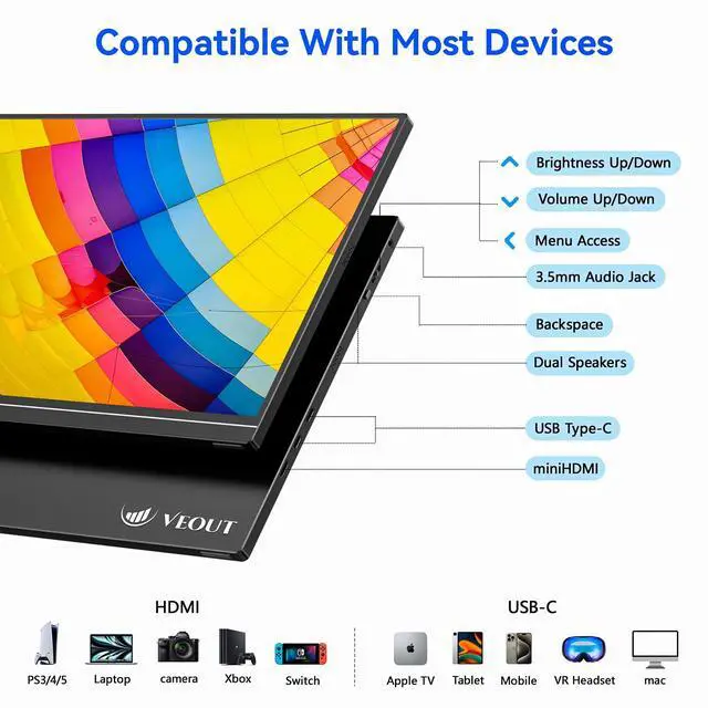 Alt view image 5 of 7 - 16 Inch Portable Monitor for Laptop, 1920x1200P Ultra-Slim FHD IPS 16:10 External Display, 100% sRGB Aluminum Stand, USB-C/Mini HDMI, Use for PC, Phone, Office (Black)