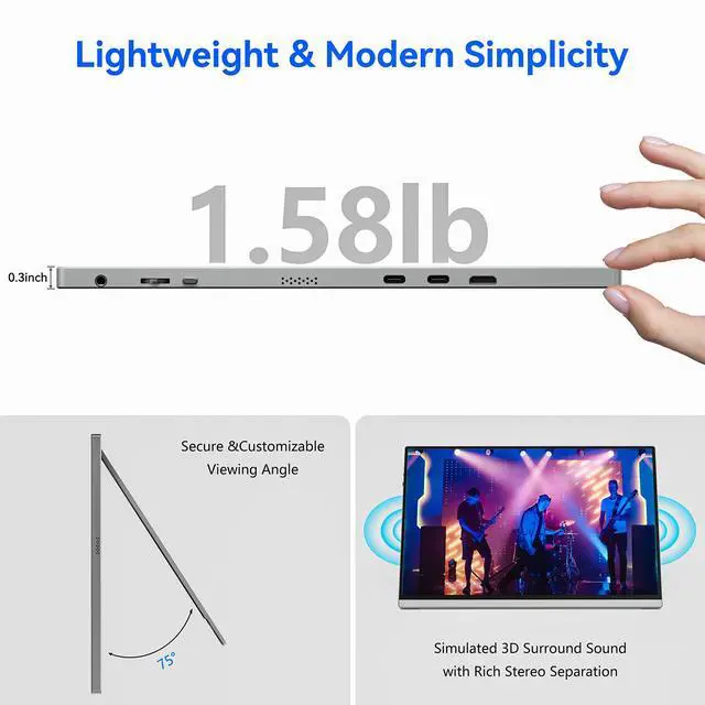 Alt view image 6 of 7 - 16 Inch Portable Monitor for Laptop, 1920x1200P Ultra-Slim FHD IPS 16:10 External Display, 100% sRGB Aluminum Stand, USB-C/Mini HDMI, Use for PC, Phone, Office (Silver)