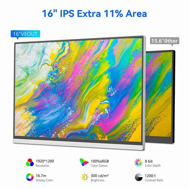 Alt view image 4 of 7 - 16 Inch Portable Monitor for Laptop, 1920x1200P Ultra-Slim FHD IPS 16:10 External Display, 100% sRGB Aluminum Stand, USB-C/Mini HDMI, Use for PC, Phone, Office (Silver)