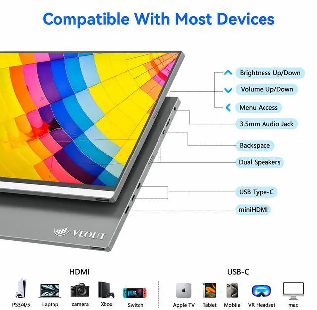 Alt view image 5 of 7 - 16 Inch Portable Monitor for Laptop, 1920x1200P Ultra-Slim FHD IPS 16:10 External Display, 100% sRGB Aluminum Stand, USB-C/Mini HDMI, Use for PC, Phone, Office (Silver)