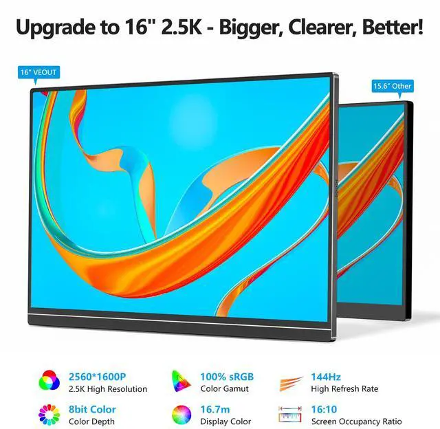 Alt view image 7 of 7 - V1Pro 16 Inch 2.5K Portable Gaming Monitor 144Hz IPS Display with FreeSync, USB-C & Mini HDMI for Laptop, Mac, PS5, Xbox, Switch (Black)