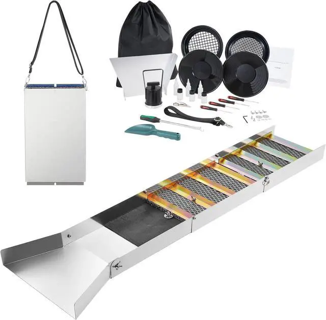 Main image of SIHAO Complete Sluice Box Gold Panning Kit, 50" Folding Aluminum Alloy Gold Mining Equipment, 23PCS Gold Prospecting Kit with Gold Pan, Classifier Screen, Separating Magnet, Backpack and More