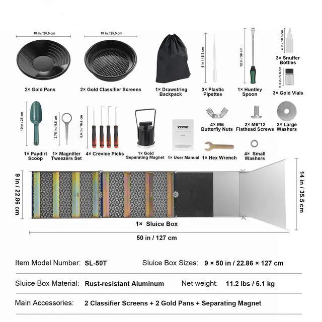 Alt view image 5 of 7 - SIHAO Complete Sluice Box Gold Panning Kit, 50" Folding Aluminum Alloy Gold Mining Equipment, 23PCS Gold Prospecting Kit with Gold Pan, Classifier Screen, Separating Magnet, Backpack and More
