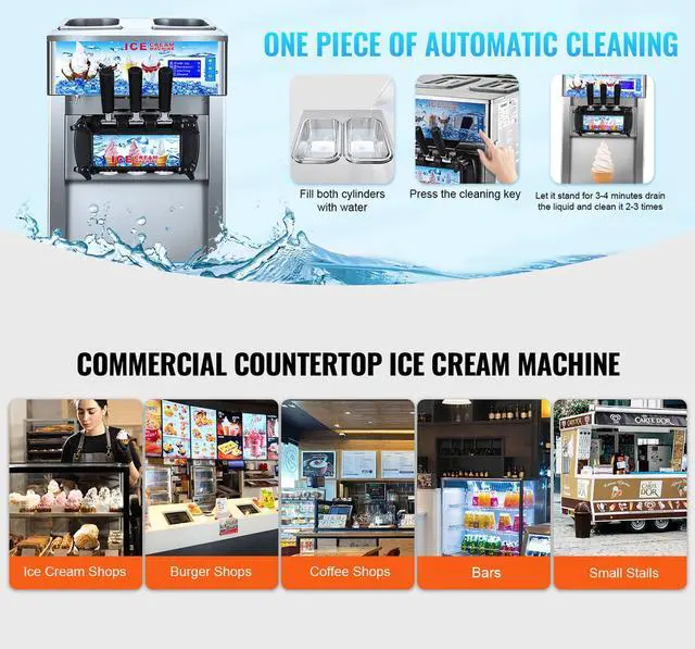 Alt view image 4 of 7 - SIHAO Commercial Ice Cream Machine 18L/H 1200W Countertop Soft Serve Ice Cream Maker with LED Display 3 Flavors