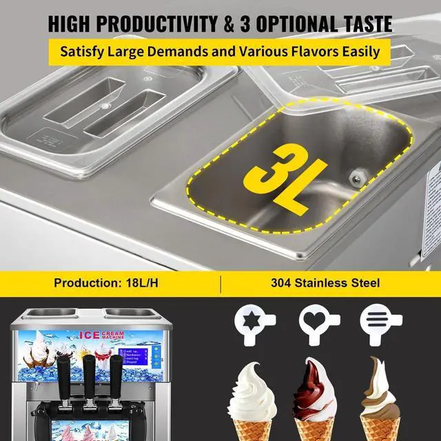 Alt view image 5 of 7 - SIHAO Commercial Ice Cream Machine 18L/H 1200W Countertop Soft Serve Ice Cream Maker with LED Display 3 Flavors