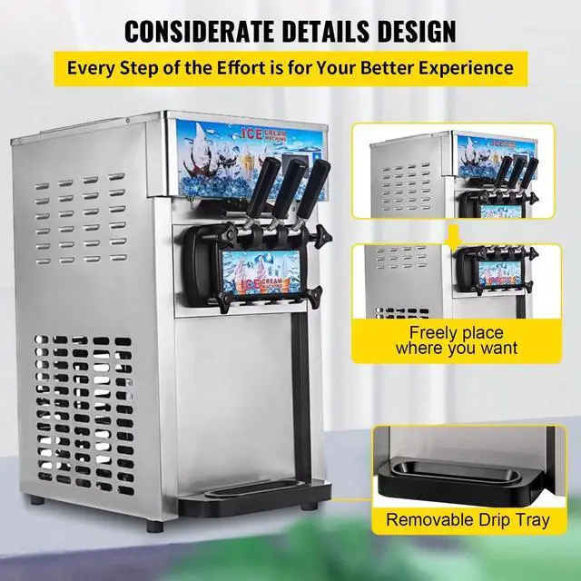 Alt view image 6 of 7 - SIHAO Commercial Ice Cream Machine 18L/H 1200W Countertop Soft Serve Ice Cream Maker with LED Display 3 Flavors