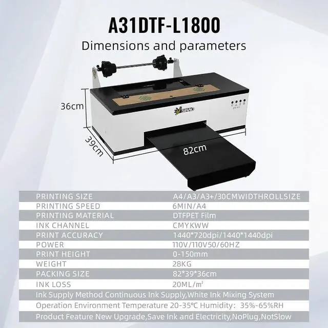 Alt view image 2 of 7 - SIHAO A3 L1800 DTF Printer, DTF Transfer Printing Machine with Roll Feeder, Continuous Ink Supply,White Ink Mixing, Cycle and Semi-Automatic Cleaning, Vacuum Suction Platform for Fabrics