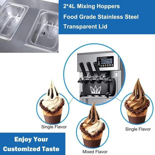 Alt view image 4 of 7 - SIHAO Ice Cream Machine with Pre-cooling & Fresh-keeping Function, 18L/H Commercial Soft Serve Machine, 3 Flavors Countertop Soft Ice Cream Maker