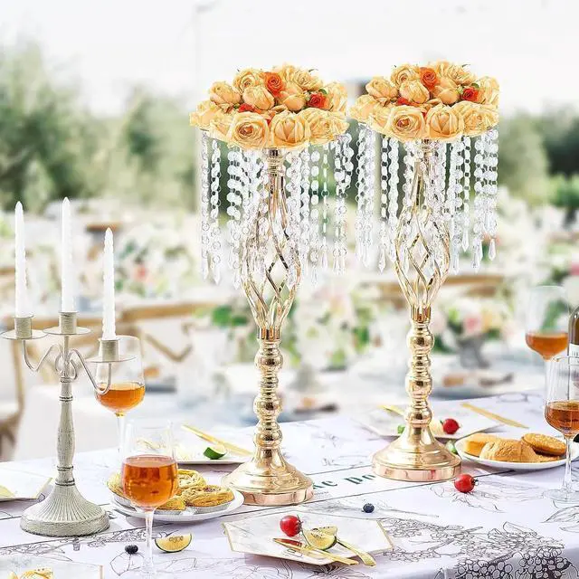 Alt view image 6 of 7 - SIHAO 10PCS Tall Crystal Gold Centerpiece Vase Stand, 21.65" Tall Flower Centerpiece Candle Stand Wedding Party Table Decorations