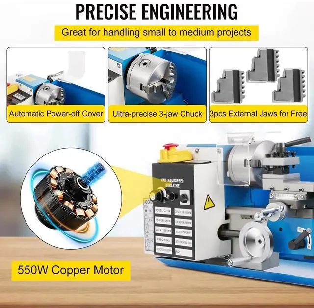 Alt view image 3 of 7 - SIHAO High-Efficiency 7"x14" Mini Metal Lathe with 550W Variable Speed 2250 RPM, Benchtop Design Featuring 3-Jaw Chuck for Precision Metalworking
