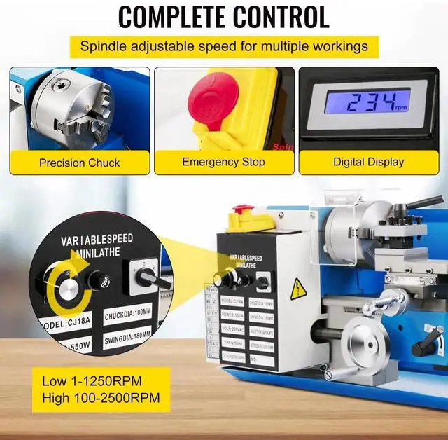 Alt view image 4 of 7 - SIHAO High-Efficiency 7"x14" Mini Metal Lathe with 550W Variable Speed 2250 RPM, Benchtop Design Featuring 3-Jaw Chuck for Precision Metalworking