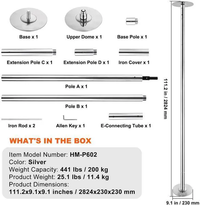 Alt view image 7 of 7 - Removable Dancing Pole, Spinning Static Dancing Pole Stainless Steel Height Adjustable Fitness Pole, Silver