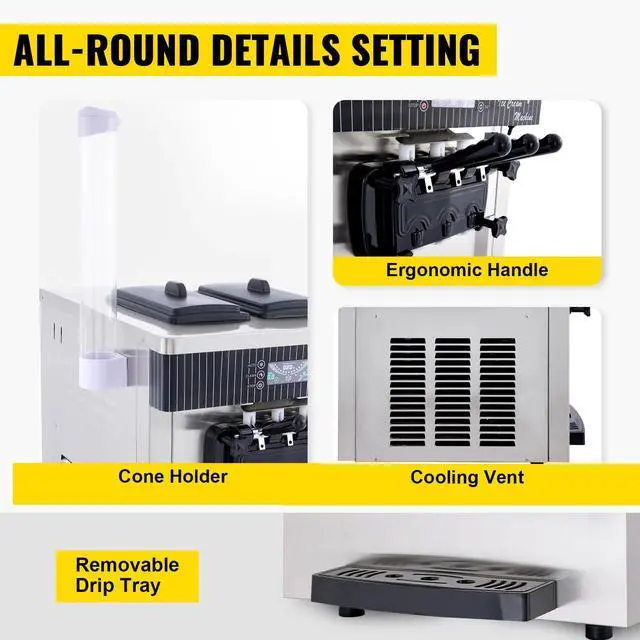 Alt view image 7 of 7 - SIHAO 2200W Commercial Ice Cream Machine Countertop 20-28L/H Soft Serve Maker with LED Display