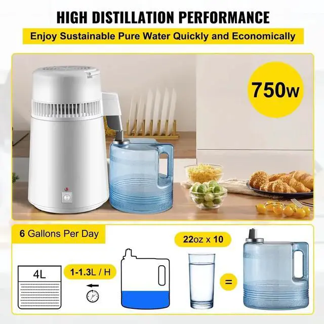 Alt view image 5 of 7 - SIHAO Water Distiller, 4L/1.1Gal Distilled Water Machine, 750W Pure Water Distilling w/BPA Free Plastic Container, Countertop Distilled Water Maker, White