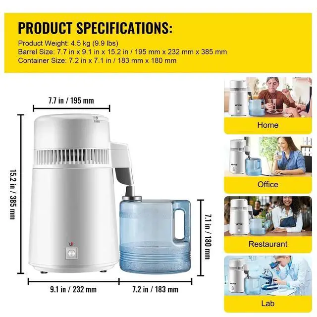 Alt view image 6 of 7 - SIHAO Water Distiller, 4L/1.1Gal Distilled Water Machine, 750W Pure Water Distilling w/BPA Free Plastic Container, Countertop Distilled Water Maker, White