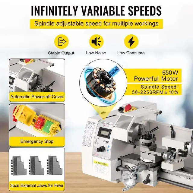 Alt view image 2 of 7 - SIHAO 8"x14" Mini Metal Lathe, 2250 PRM Variable Speed Change, Precision Mini Lathe 650W Metal Working Lathe