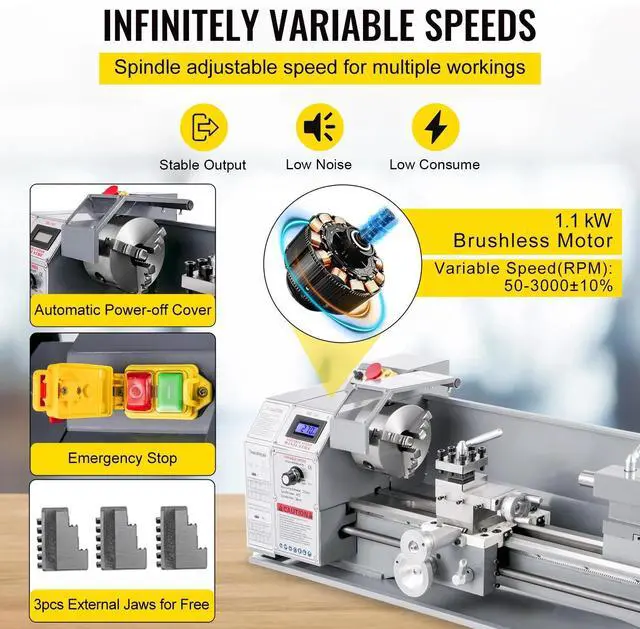 Alt view image 7 of 7 - SIHAO 8.7"x 29.5" Precision Mini Metal Lathe, 1100W Benchtop Lathe, 50-2250 Rpm Metal Lathe Machine, 3-Jaw Chuck for Counter Face Turning Drilling