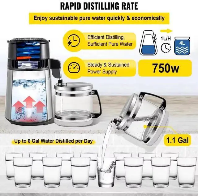 Alt view image 2 of 7 - SIHAO Stainless Steel Water Distiller, 4L/1.1Gal Countertop Distiller Machine, Home Distilled Water Maker with Glass Pot, Purifier to Make Clean Water