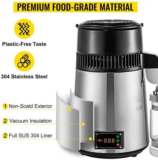 Alt view image 3 of 7 - SIHAO Stainless Steel Water Distiller, 4L/1.1Gal Countertop Distiller Machine, Home Distilled Water Maker with Glass Pot, Purifier to Make Clean Water