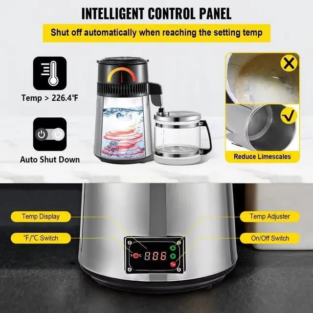 Alt view image 6 of 7 - SIHAO Stainless Steel Water Distiller, 4L/1.1Gal Countertop Distiller Machine, Home Distilled Water Maker with Glass Pot, Purifier to Make Clean Water