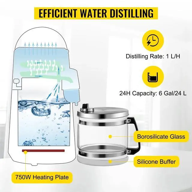 Alt view image 7 of 7 - SIHAO Stainless Steel Water Distiller, 4L/1.1Gal Countertop Distiller Machine, Home Distilled Water Maker with Glass Pot, Purifier to Make Clean Water