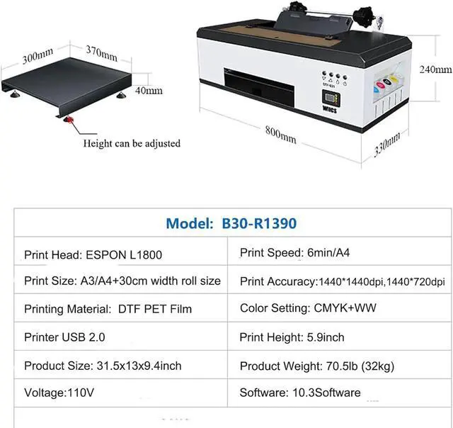 Alt view image 5 of 7 - SIHAO DTF Printer, A3 R1390 Transfer Printing Machine with Roll Feeder