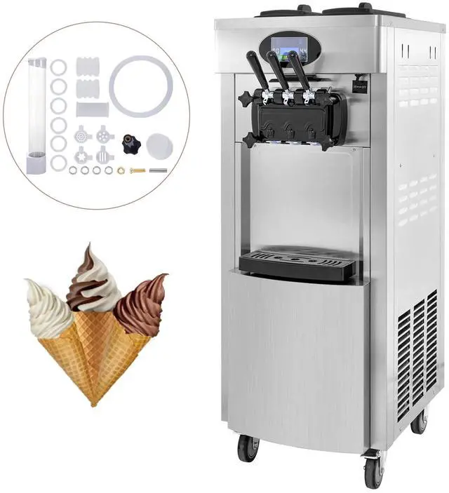 Main image of SIHAO 2200W Commercial Soft Ice Cream Machine 3 Flavors 5.3 to 7.4 Gallon per Hour PreCooling at Night Auto Clean LCD Panel for Restaurants Snack Bar, Sliver