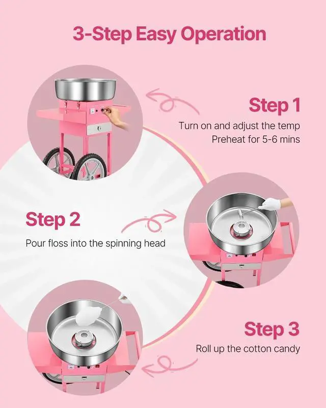 Alt view image 3 of 7 - SIHAO Cotton Candy Machine with Cart, 1000W Electric Commercial Candy Floss Maker with 20.5 in Stainless Steel Bowl, Sugar Scoop, and Drawer, for Home, Kids Birthday, Family Party, Pink